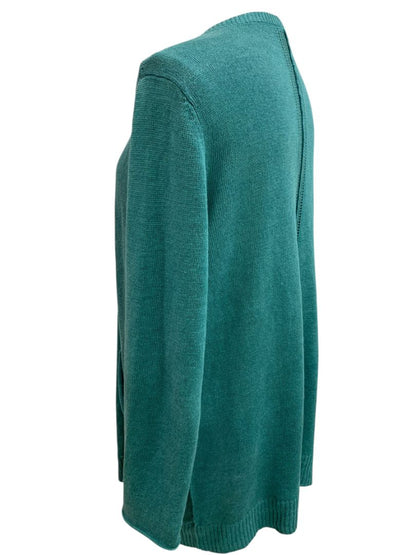 Large Eileen Fisher Womens Linen Teal Cardigan Sweater Pockets Open
