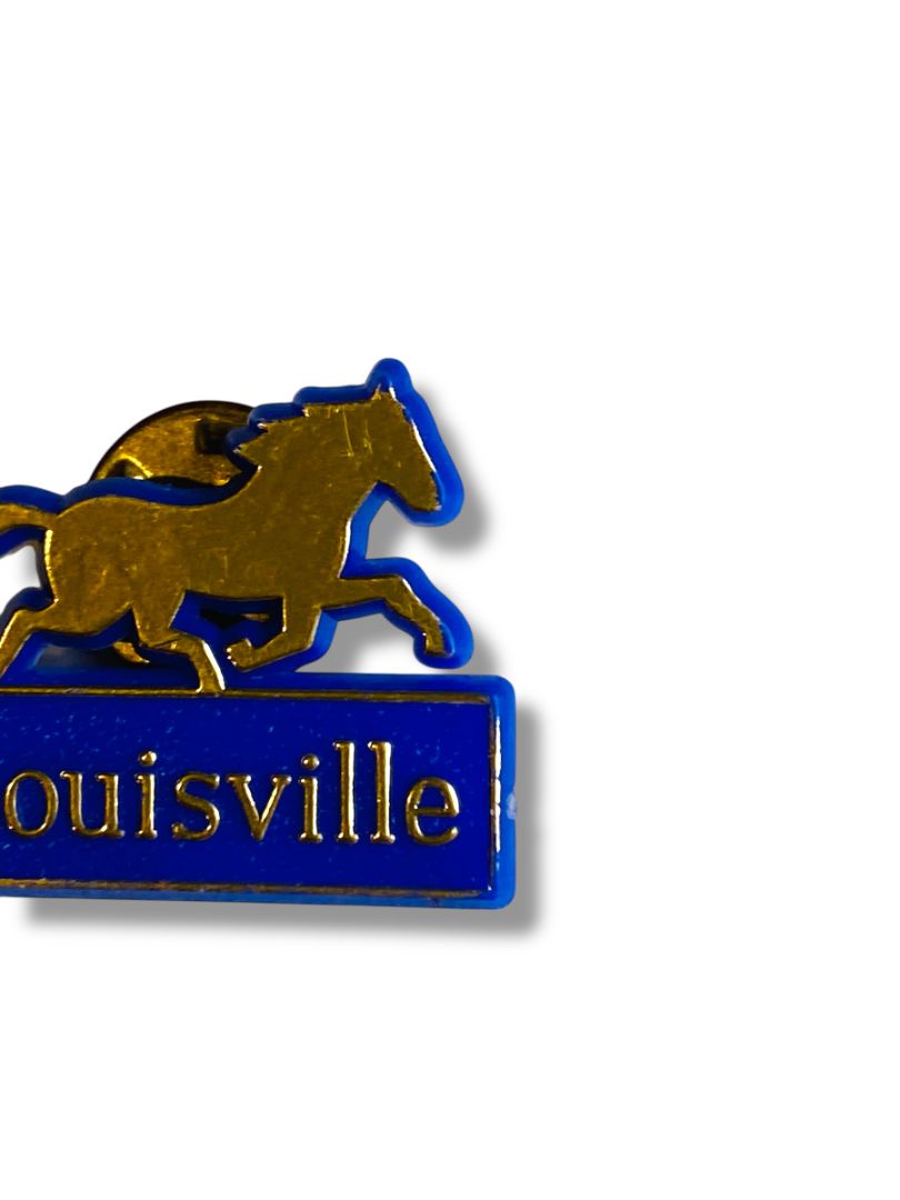 Vintage Louisville Lapel Pin Blue and Goldtone Plastic Horse 1" Kentucky