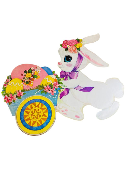Vintage Easter Bunny Rabbit Wheelbarrow Die Cut Decor 16"