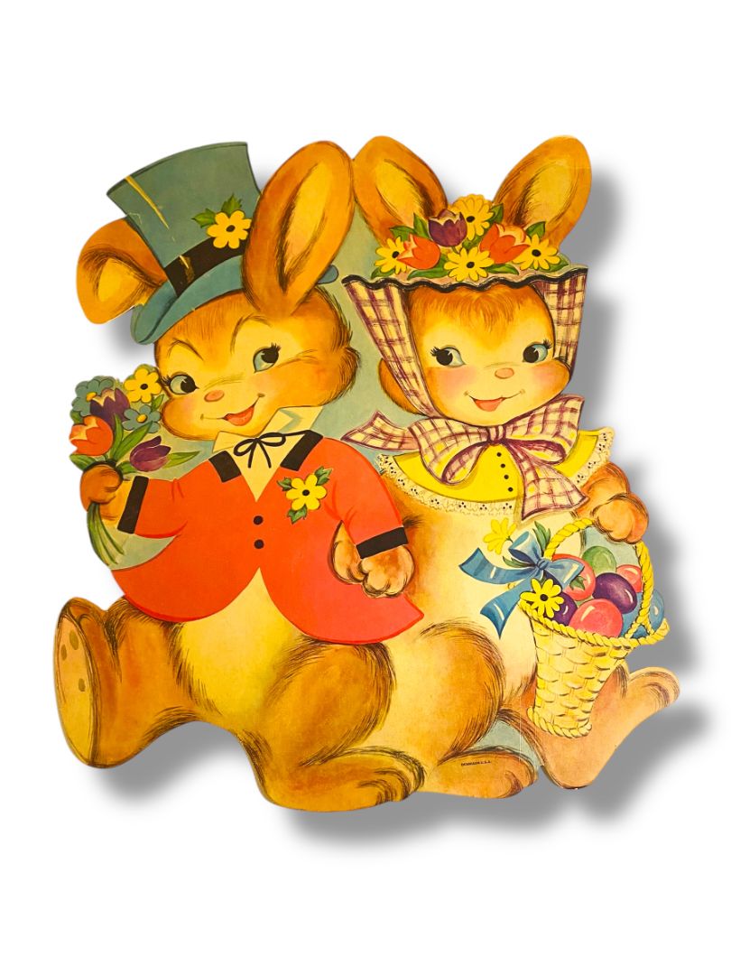Vintage Dennison Bunny Rabbit Couple  Diecut  16" Retro Easter
