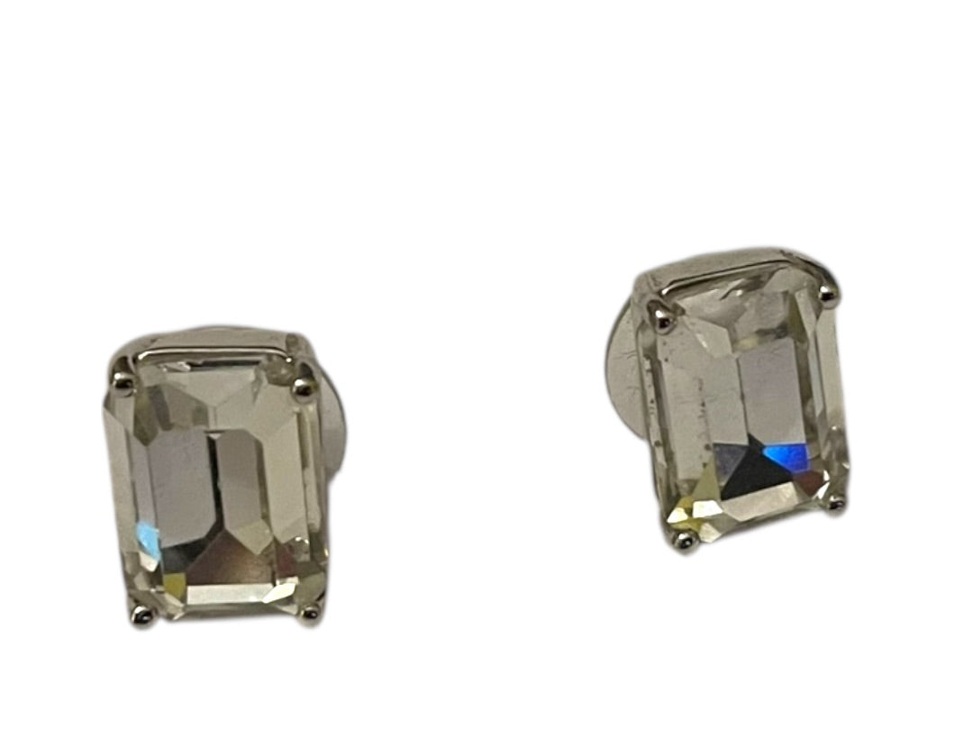 Emerald Cut Stud Post Pierced Earrings Clear .5" (14mm) Silvertone Setting