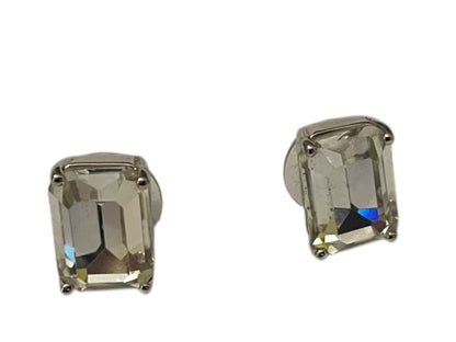 Emerald Cut Stud Post Pierced Earrings Clear .5" (14mm) Silvertone Setting