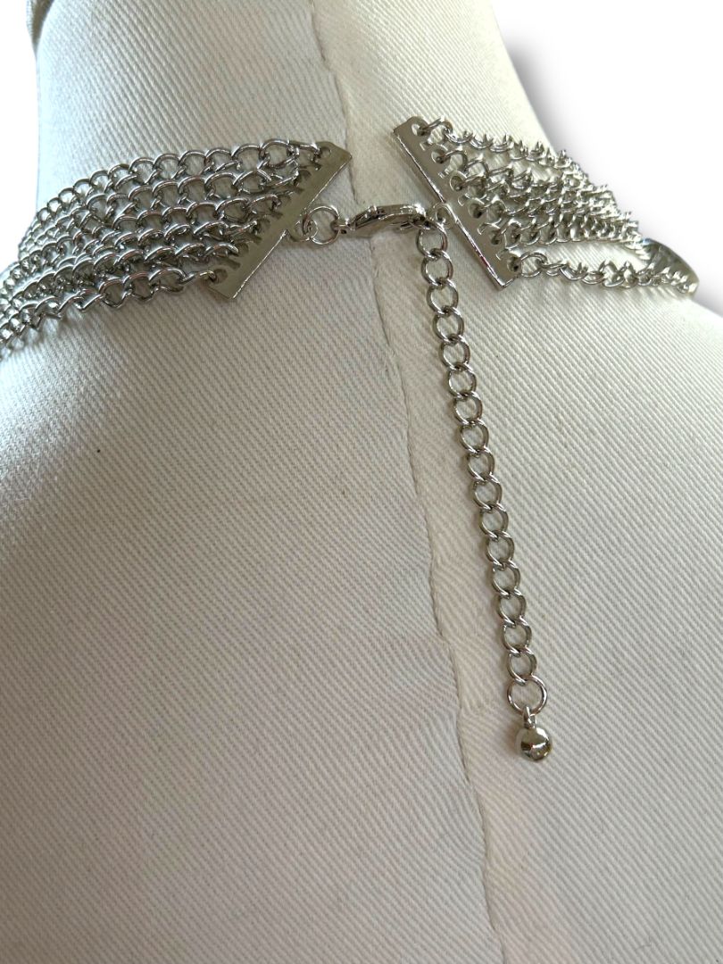 New Silvertone and Faux Pearl Statement Necklace Multistrand 17" + 2" Extender