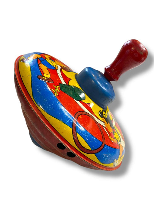 Vintage 5.5” Tin Litho Spinning Top Children Made in USA Wood Handle Works