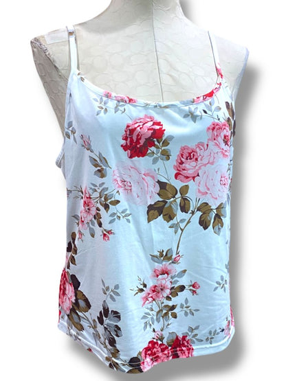 Size 1XL Womens 3 Piece Pajama Set Cami Robe Pants White Rose Print Soft