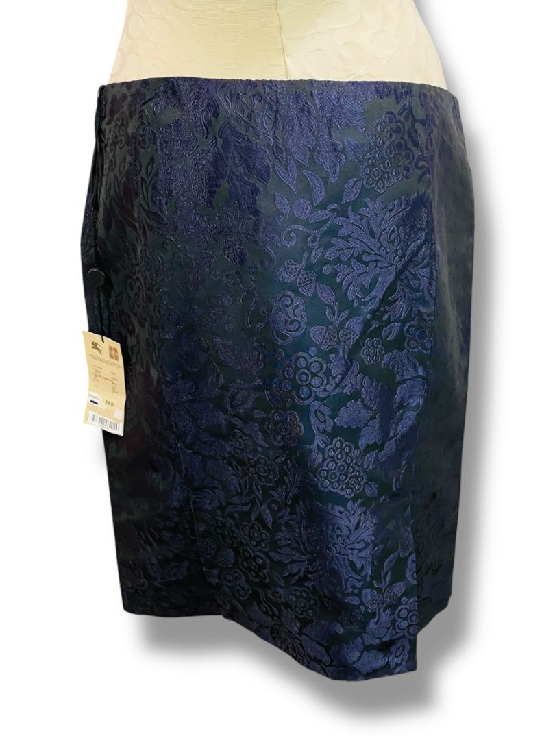 Size 8 Burberry New Navy Blue Floral Jacquard Satin Straight Skirt Knee Length