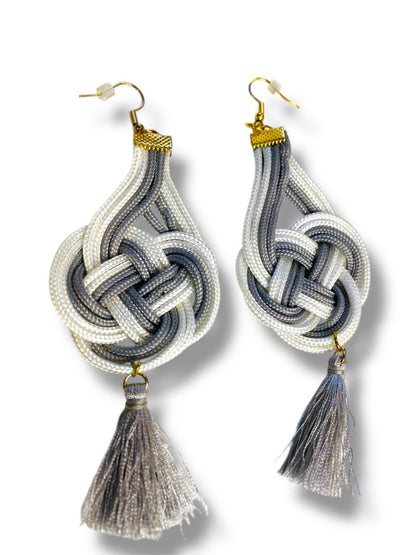 Macrame Boho Earrings Tassel Gray White Fishhook 4.75" Drop