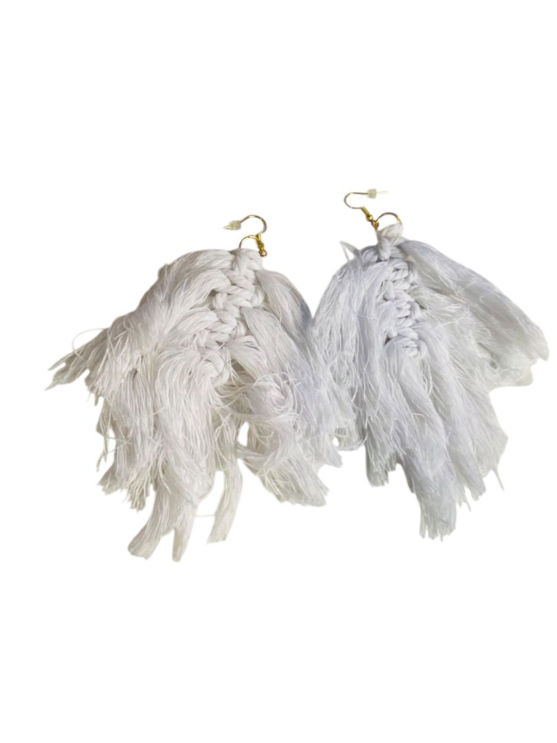 White Statement Fishhook Pierced Earrings Macrame Oversize 5.5" Drop