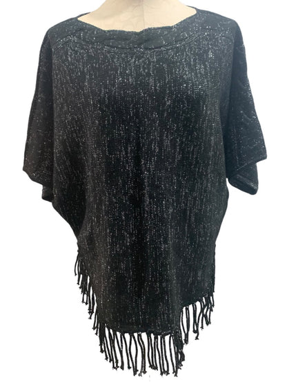 Medium NY Collection Women's Black Silver Fringed Sweater Short Raglan Sleeve