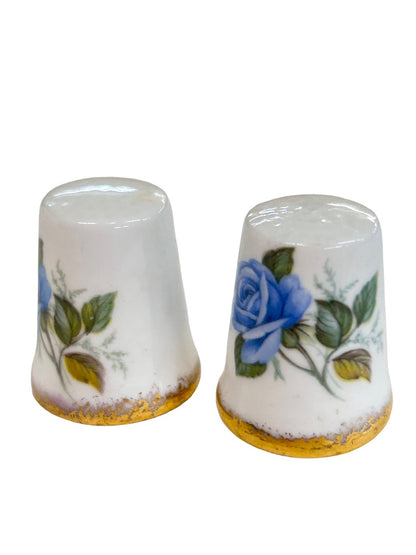 Royal Crown Porcelain Decorative Thimbles Set of 2 Blue Rose Gold Trim