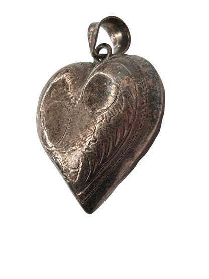 Vintage Silver Puffy Heart Pendant Etched Design 1.25"