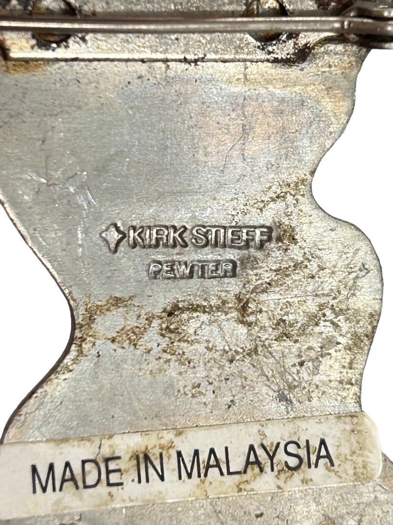 Vintage Signed Kirk Stieff Pewter Brooch Pin Etched Floral 2.25"