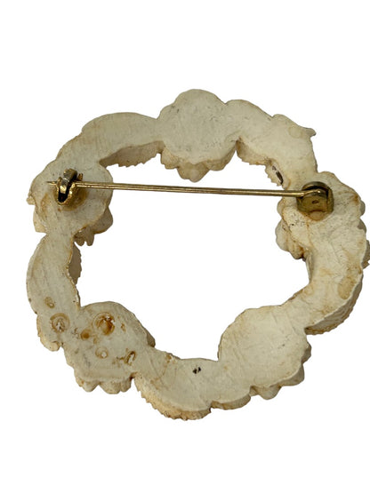 Brooch Pin Vintage 1960s Resin Rose Wreath Antiqued White 2" Diameter