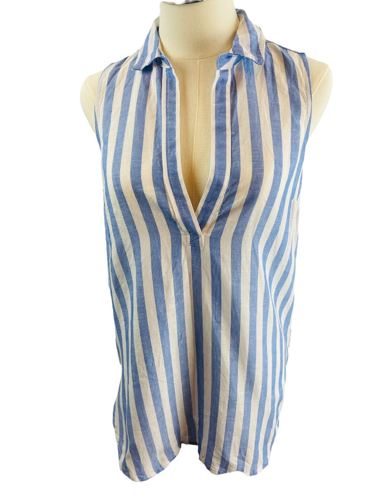 XXS J.Crew Womens Blue White Stripe Sleeveless Linen Blend Pullover Tunic Blouse