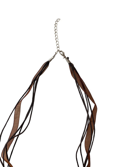 Glass Pendant Necklace 19" Ribbon and Cord Brown Tones 2.5" Drop Pendant