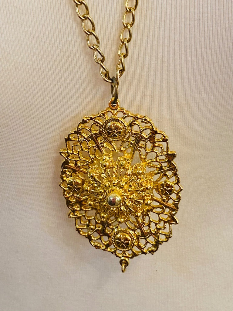 Vintage Shiny Goldtone Dual Layered Necklace Statement Pendant Spring Closure