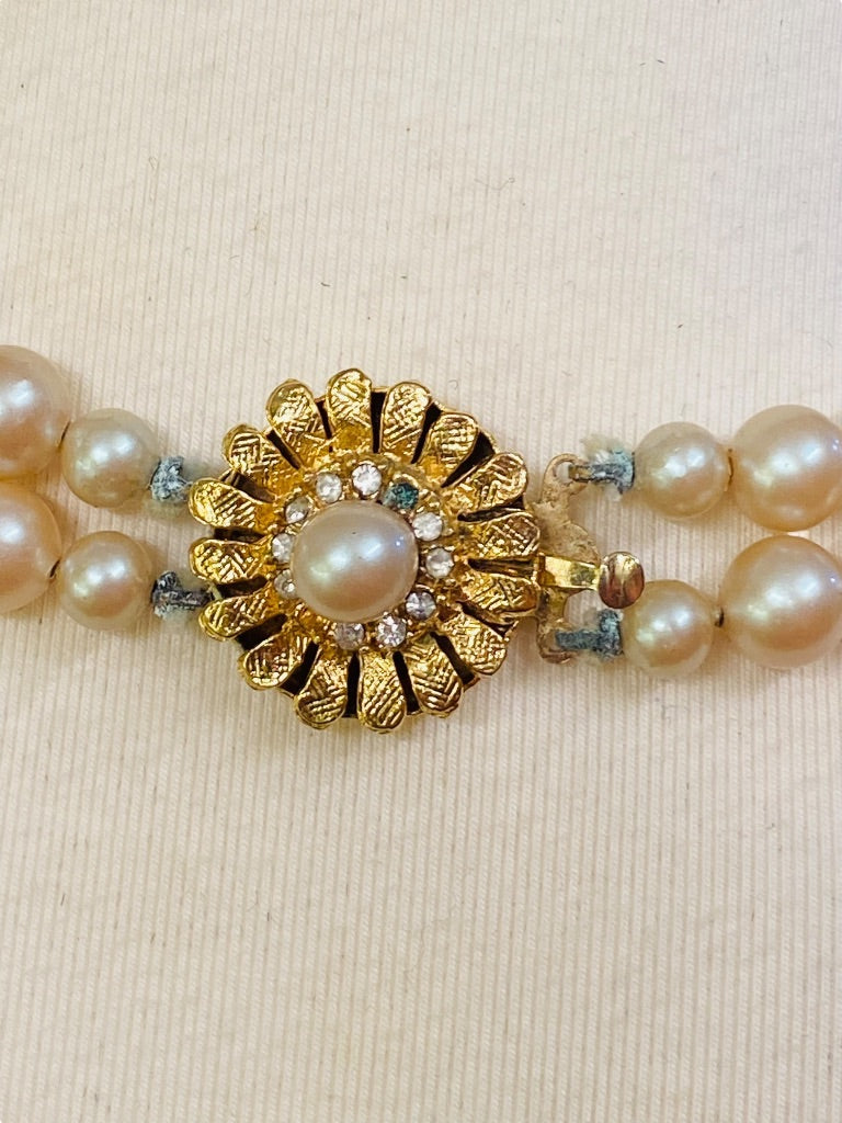 Double Strand Hand Knotted Vintage 7.7 mm Faux Pearl Dual Strand Necklace Daisy Clasp 16"