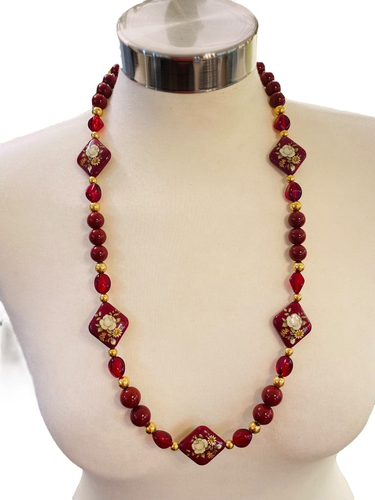 Red Burgundy Vintage 1980s Beaded Necklace Goldtone Floral Chunky 30" Spring Clasp