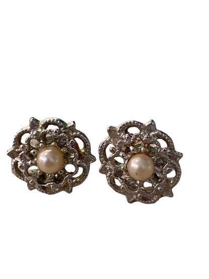 Vintage Silvertone Intricate Post Stud Earrings Faux Pearl Center Flower