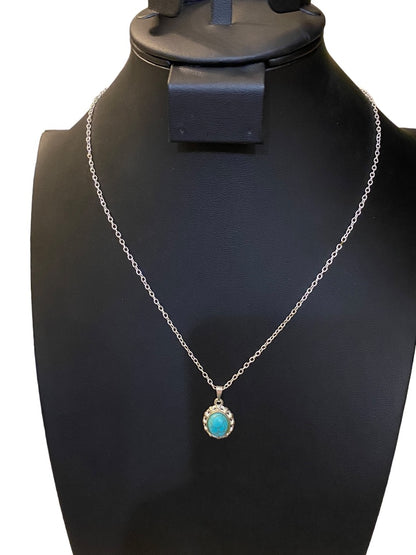 Silvertone Delicate 18" Chain Necklace with Faux Turquoise Pendant