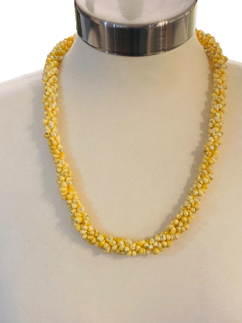 Yellow Cluster Shell Necklace Ribbon Tie Vintage 25" Twist Strand