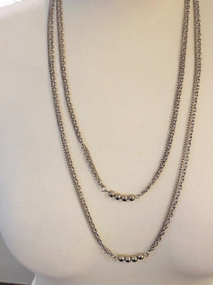 Silvertone Dual Strand 56" Necklace Spring Clasp Beads Can be Looped Layered