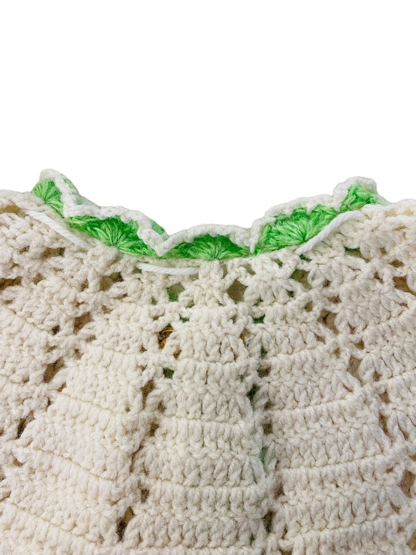 Vintage Hand Crocheted Baby Sweater Cream Green Trim Tie Closure Cardigan 12-24 Mos