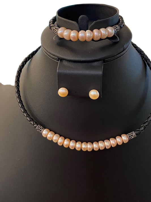 New Jewelry Set 8mm Pink Pearls Bracelet Earrings Necklace Braided Black Leather 925 Sterling Silver