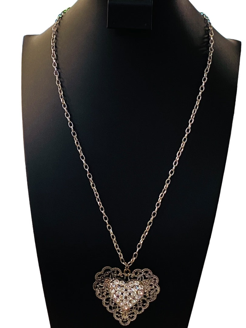 Silvertone Heart Medallion 27" Necklace Dramatic Filagree Look Pendant 2.25" Drop Lobster Clasp