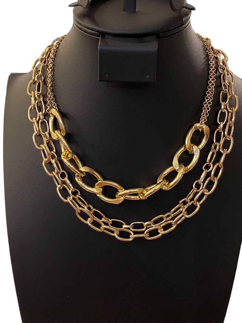 Layered Goldtone Chunky Chain Necklace Statement Lobster Clasp Closure 16"