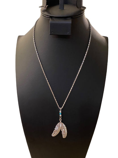 Silvertone Double Feather Necklace 19" Pendant Drop 2.5" Turquoise Color Bead