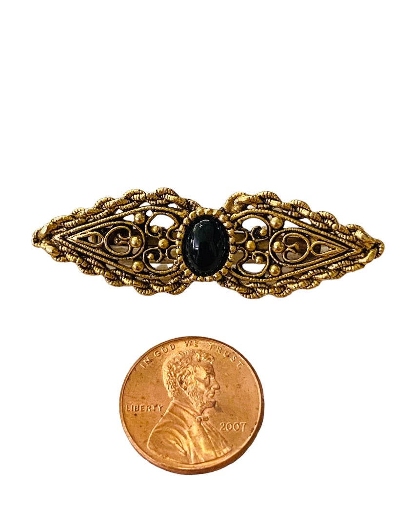 Vintage Victorian Style Brooch Goldtone Black Pin Filigreee Intricate 2" Length