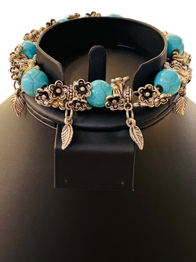 Silvertone and Faux Turquoise Beaded Stretch Bracelet Feather Charms