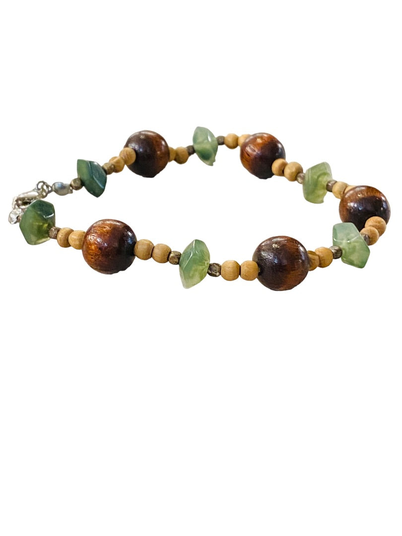 Wood Bead and Green Stone Bracelet 9" Lobster Clasp Lightweight Boho Style