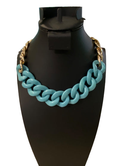 Chunky Acrylic Faux Turquoise and Goldtone 18-21" Statement Necklace