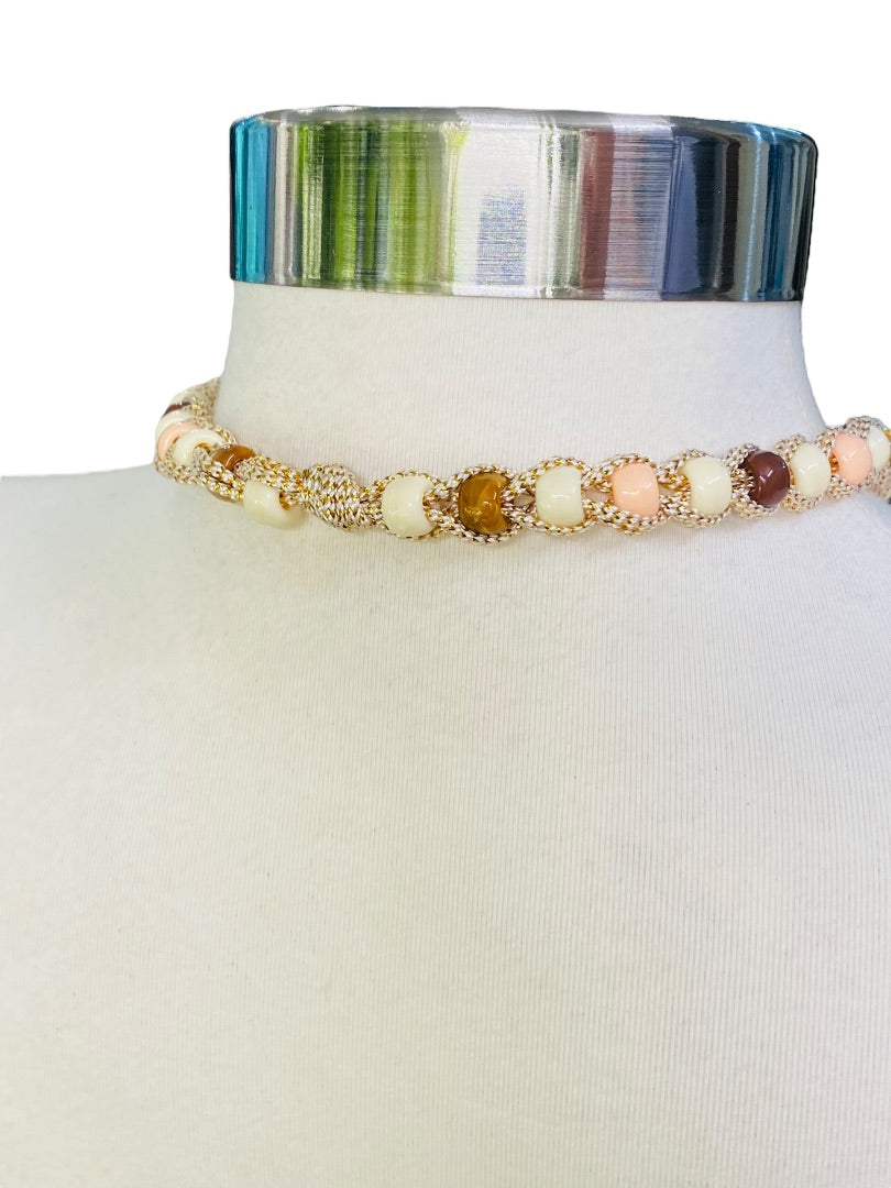 Braided Plastic Bead Necklace 32" Overhead Goldtone Pink Brown Lightweight 5" Tassel