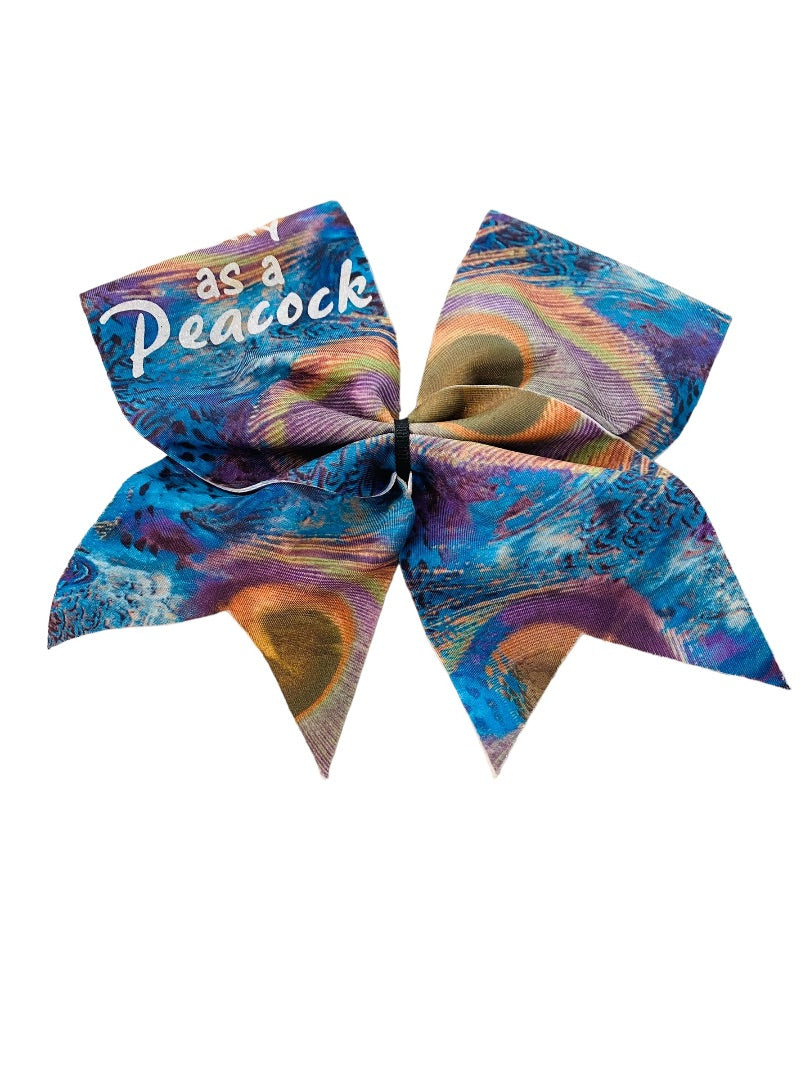 Girls Oversize Hair Bow 6.5" Elastic Ponytail Holder "Pretty as a Peacock" Multicolor