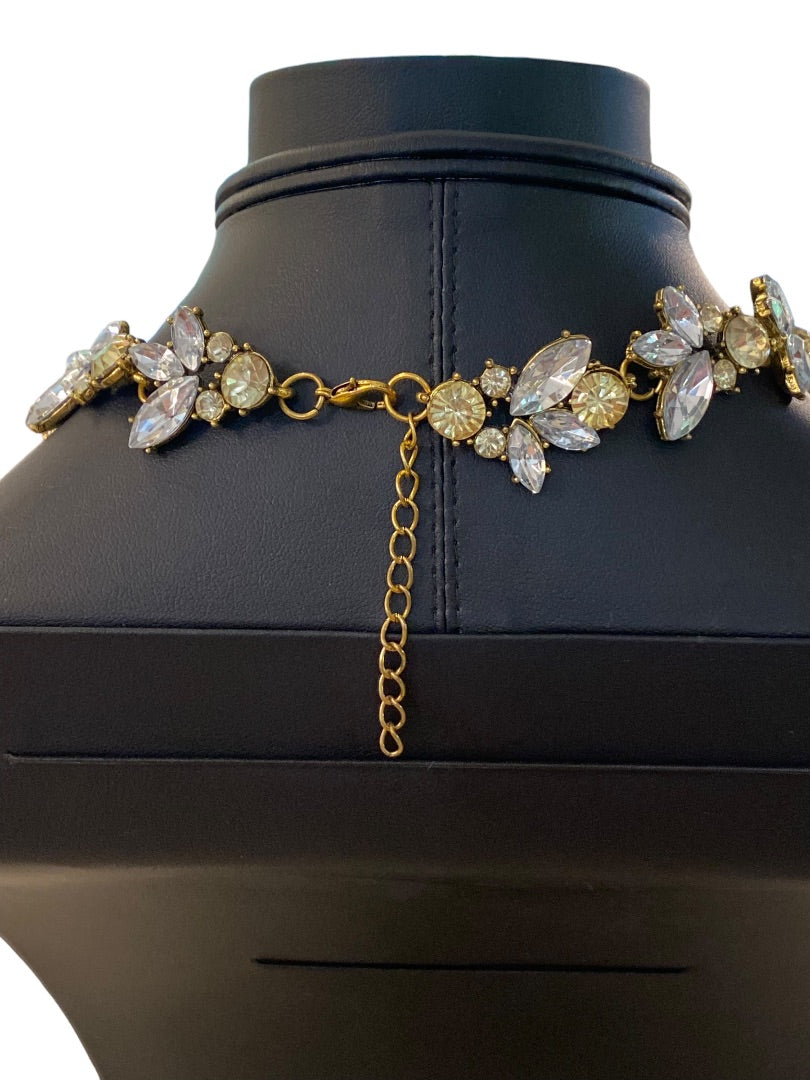 Goldtone Statement Necklace Vine Design Green Clear Faceted Jewels 16-18" Lays Flat