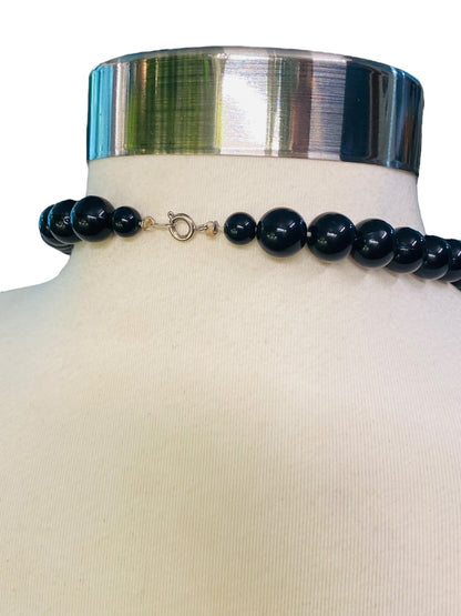 Chunky Black Graduated Bead Necklace Vintage 1990s Silvertone 35" Spring Clasp