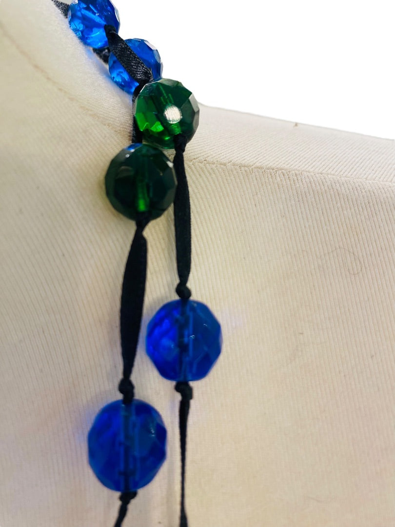 Blue Green Black Knotted Ribbon Necklace Faceted Beads 48" Oversize Spring Clasp