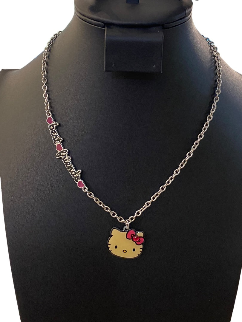 2012 Hello Kitty Sanrio Pendant Necklace Silvertone "Best Friends" 17.5"