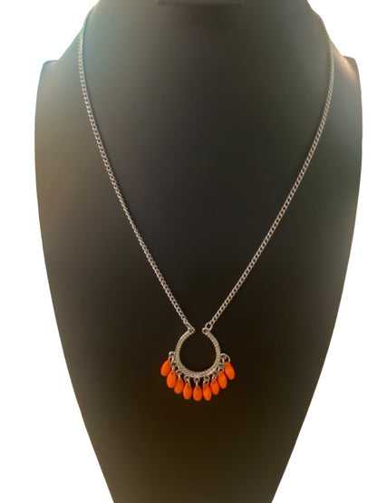Silvertone 22" Necklace Coral Acrylic Beaded Attached Pendant Necklace