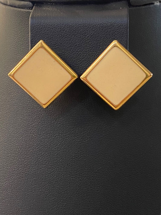 Vintage 1990s Square Post Pierced Earrings Goldtone Enameled Cream 1.25" Retro