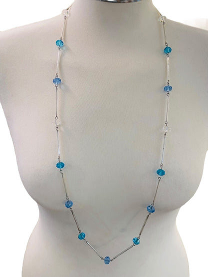 Silvertone Blue Aqua Beaded Overhead 36" Strand String Necklace