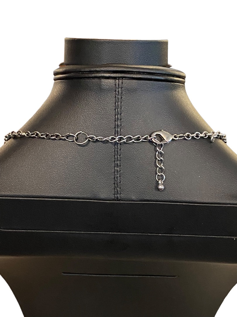 Dark Silvertone Blue Beaded Layered Necklace Floral 19" Lobster Clasp