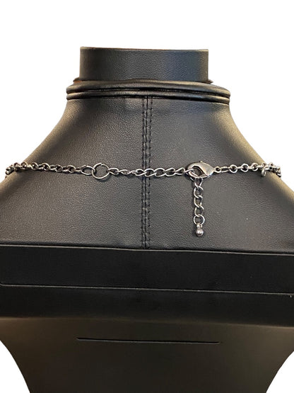 Dark Silvertone Blue Beaded Layered Necklace Floral 19" Lobster Clasp