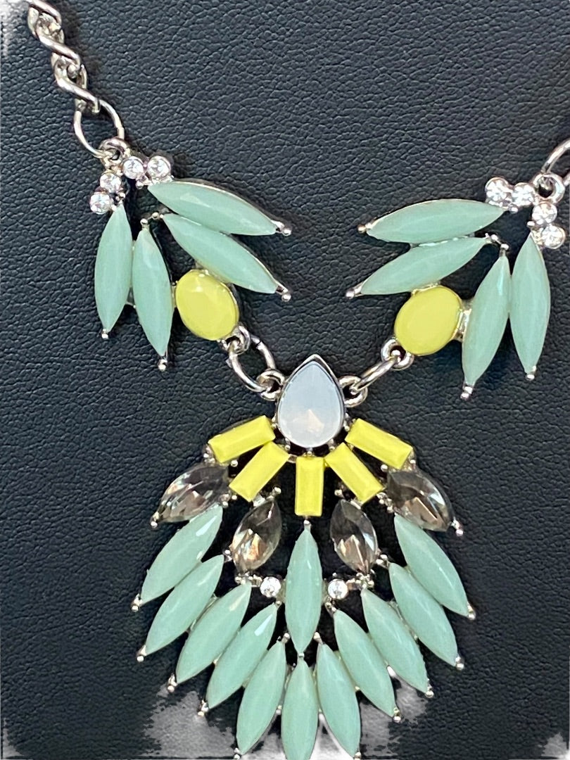 Silvertone Green Yellow 18-19" Statement Necklace Beaded Green Yellow
