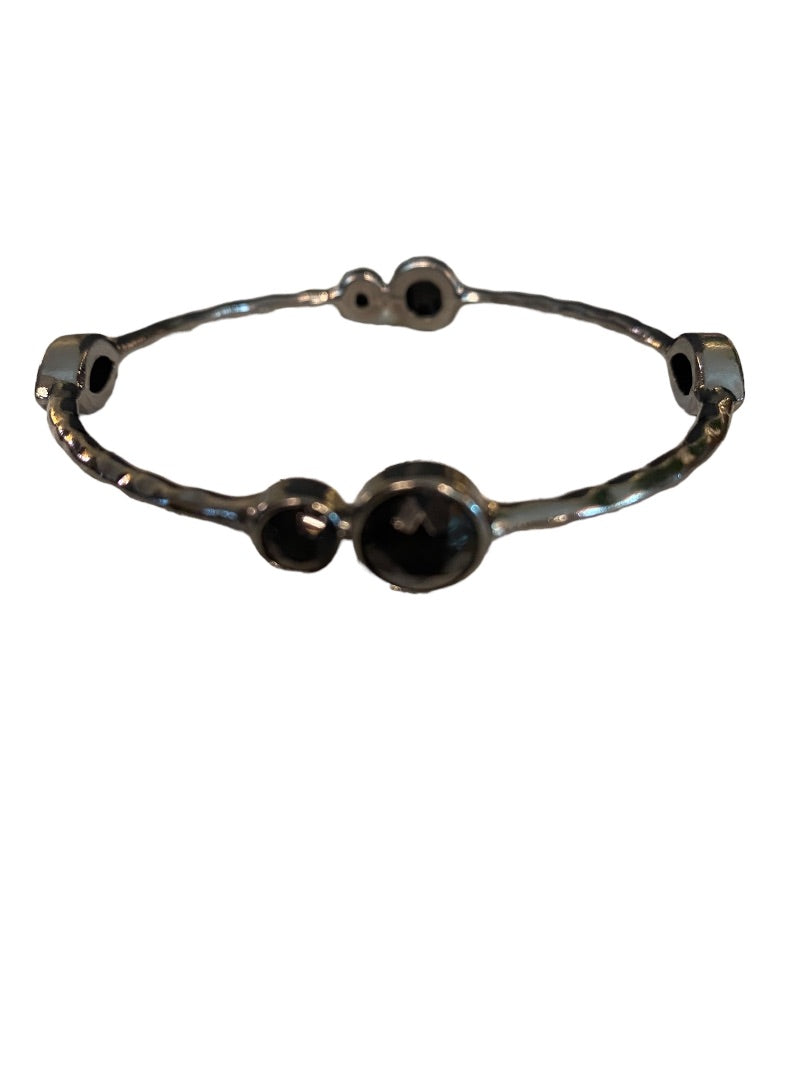 Pewter Color Bangle Bracelet Black Faceted Glass Jewels 2.5" Inside Diameter