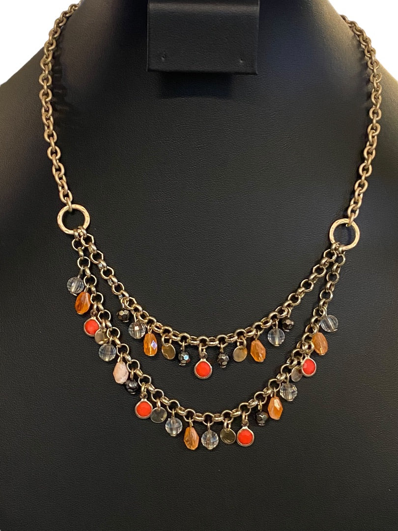 Brushed Goldtone Beaded Double Strand Necklace 17.5"Beaded 3" Drop