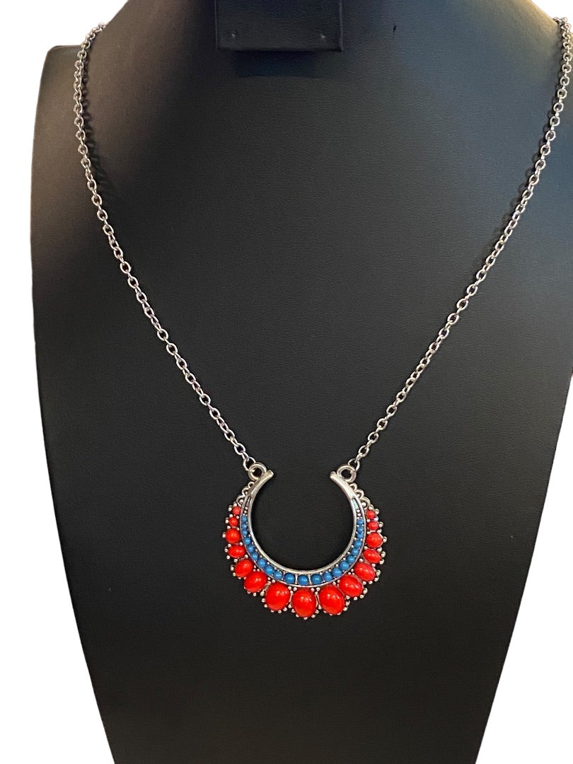 Silvertone Pendant Necklace Statement 33" Red Teal Beaded Pendant (2")